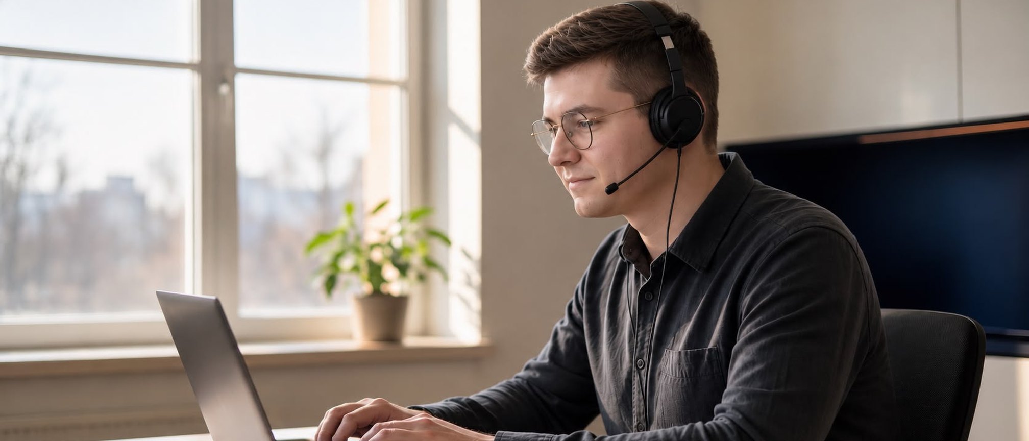Leon von ReCom Consulting mit Headset am Laptop